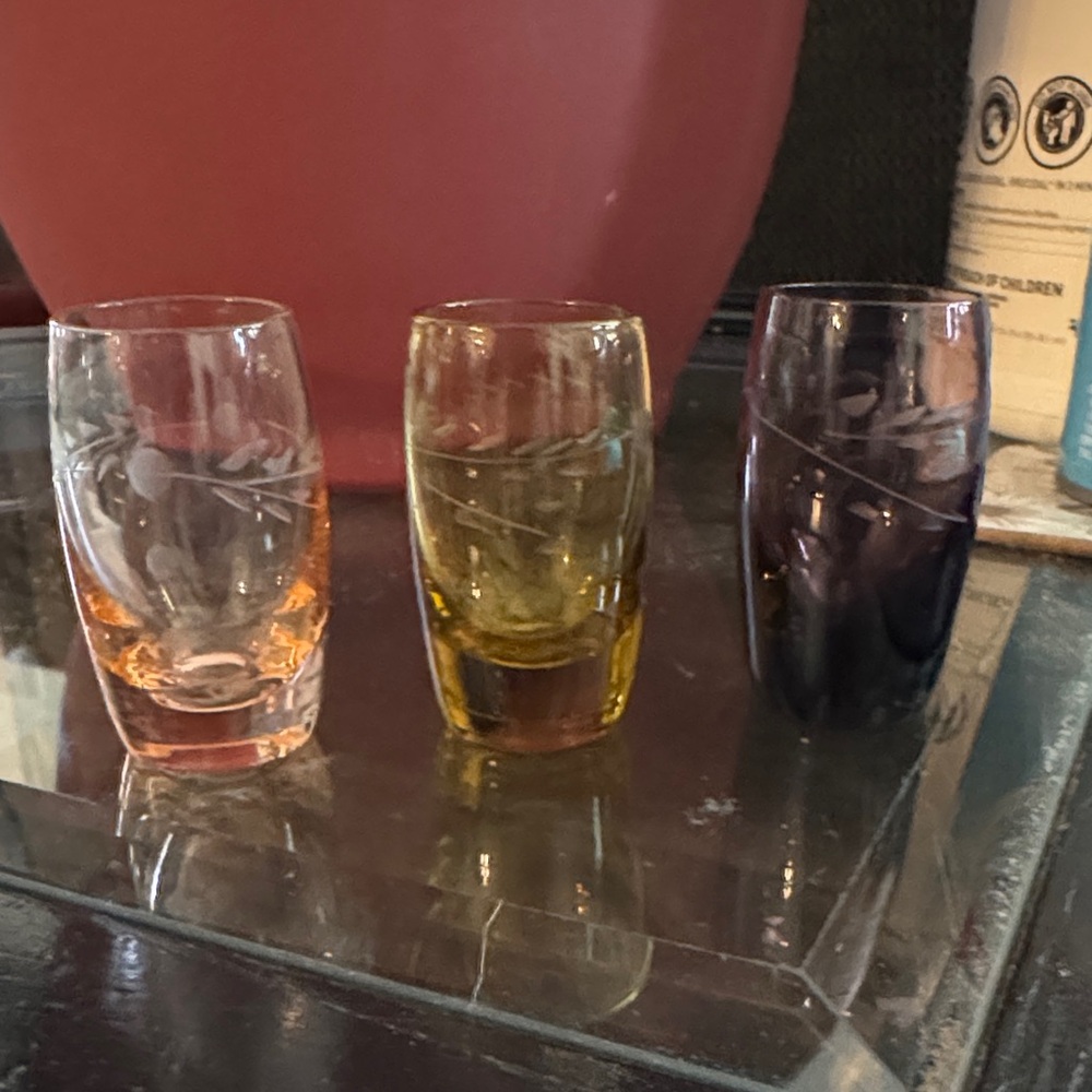 Colored Etched Shot/Cordial Glass Set - Pink, Yellow, Purple